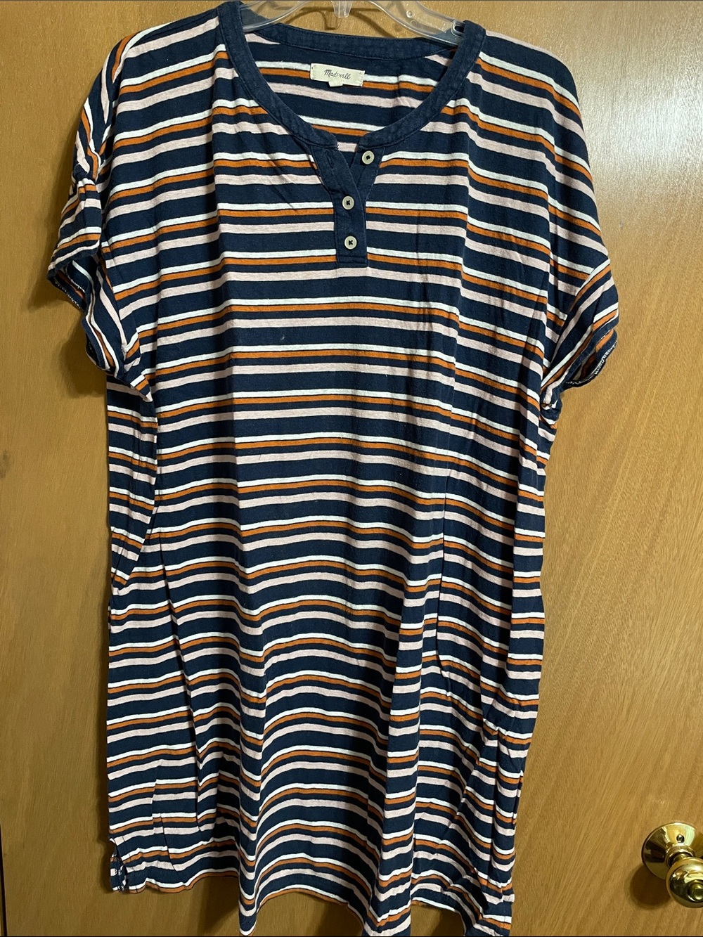 Madewell Navy, White & Brown Striped Midi Henley Dress